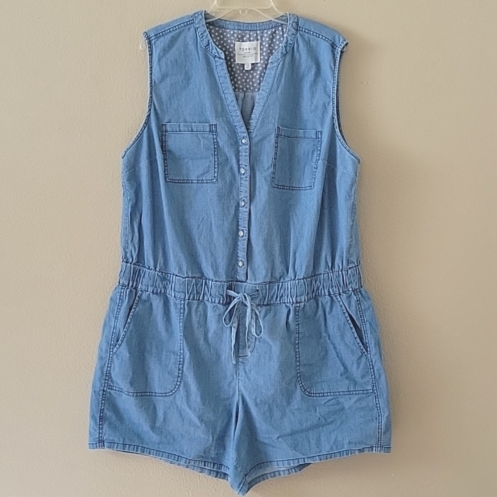 Torrid Womens Medium Wash Drawstring Denim Romper Western Boho Coastal - Size 2X
